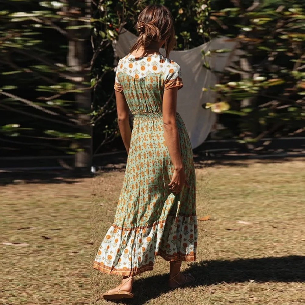 LAST 1! #56 Floral Long Button V Neck Short Sleeve Maxi Flowy Bohemian Dress - Picture 3 of 5